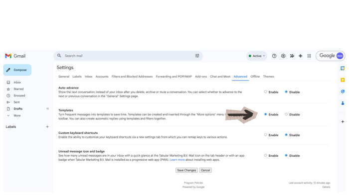 A screenshot displaying the Gmail All Settings page shows the Templates option, with an arrow pointing to the enabled option that should be selected.